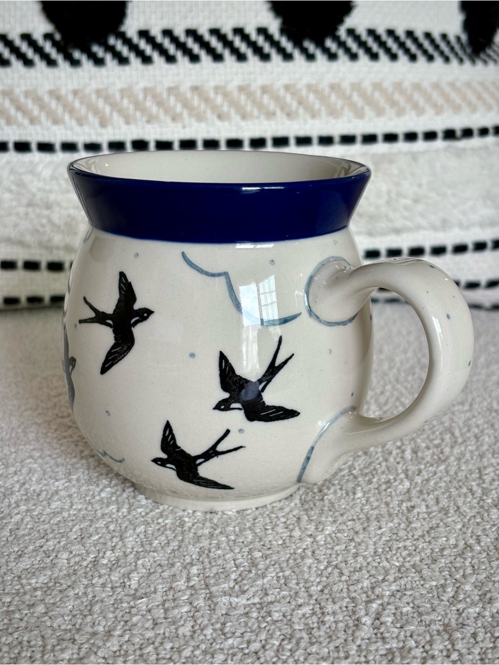 Polish Pottery Ceramic Mug with Swallow Motif
